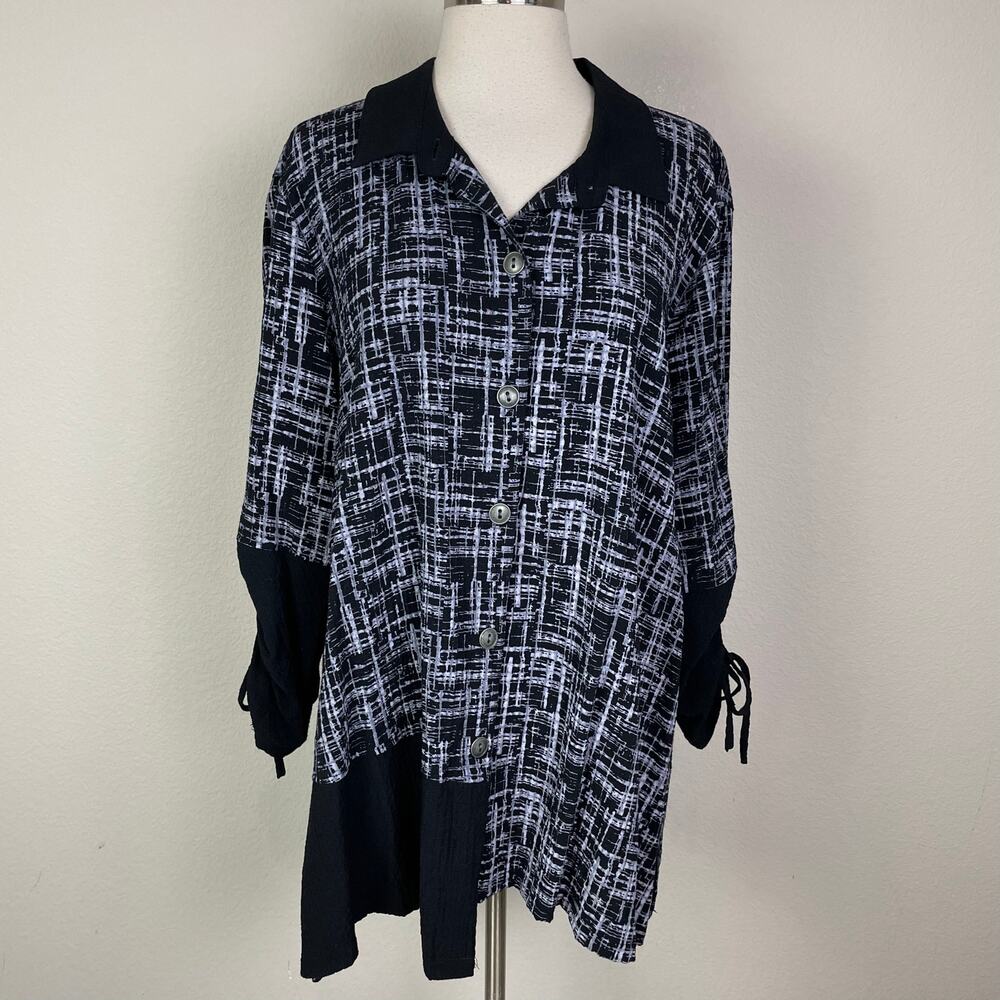 Ali Miles Black White Hash Tag Stripe Ruched Sleeve Artsy Top XL - Picture 2 of 9